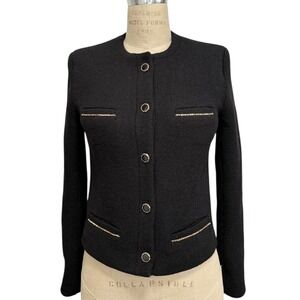 The Kooples Black Textured Collarless Jacket FR38 US 6 Wool Knit Gold Trim